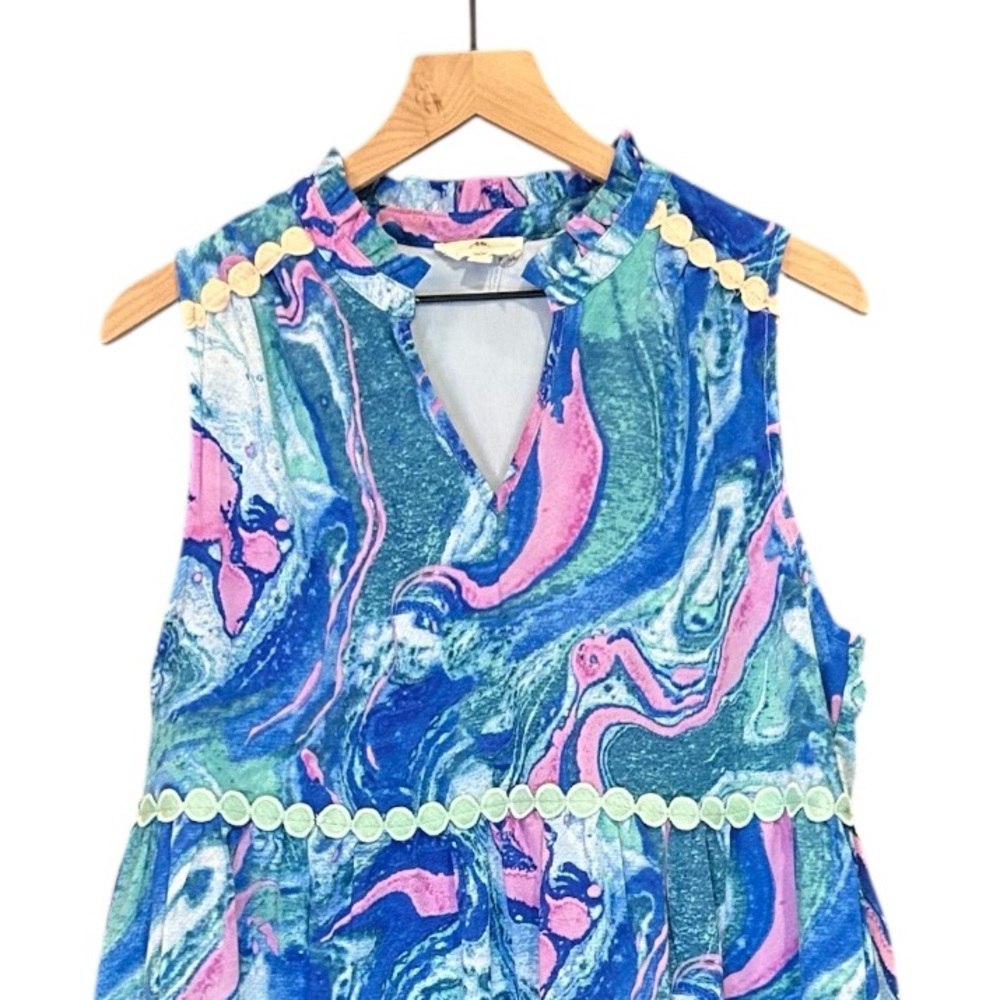 Entro Sleeveless V-Neck Ribbon Detail Tiered Swirl Pattern Dress Size Large - Picture 4 of 11